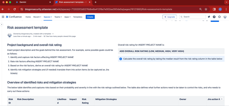 Screenshot of risk assessment template in Confluence