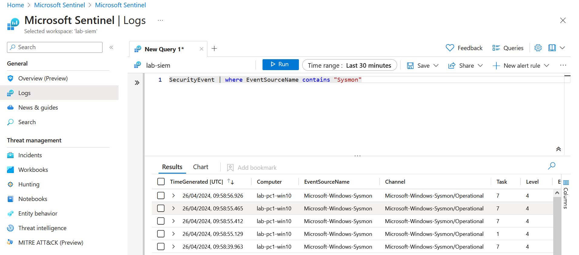 Sysmon query results output