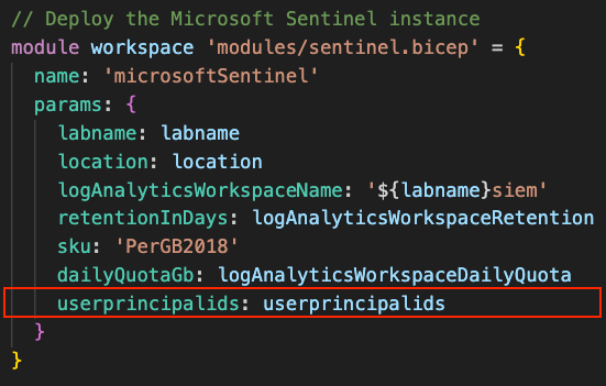 Screenshot of modification within Sentinel module deployment code