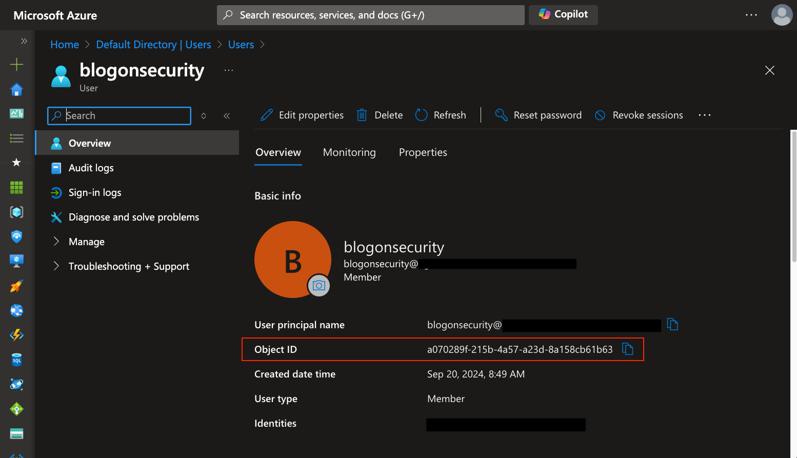 Screenshot of user profile blade in the Azure portal