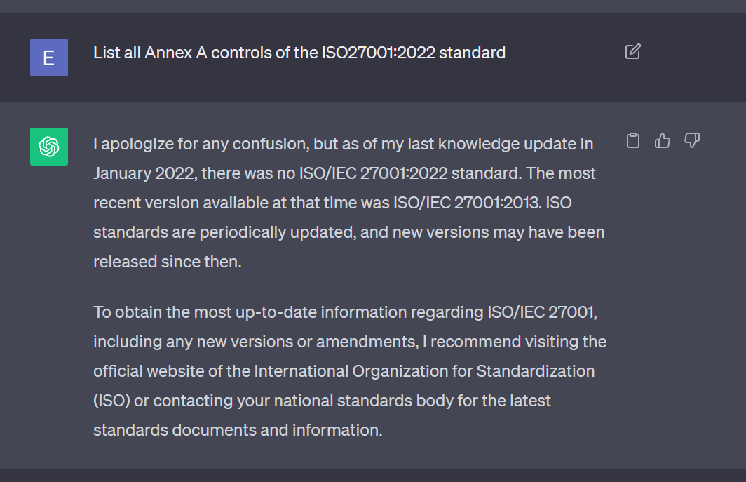 Screenshot of ChatGPT revealing its familiarity with ISO 27001:2013