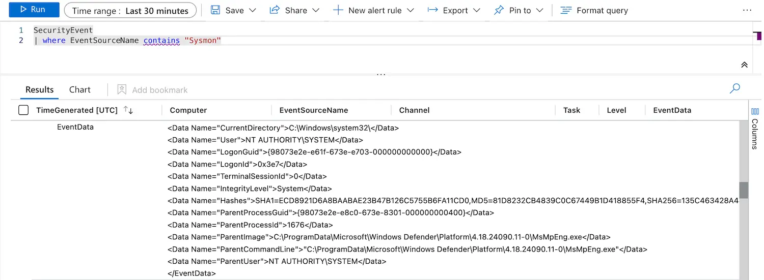 Screenshot of default Sysmon data in Sentinel