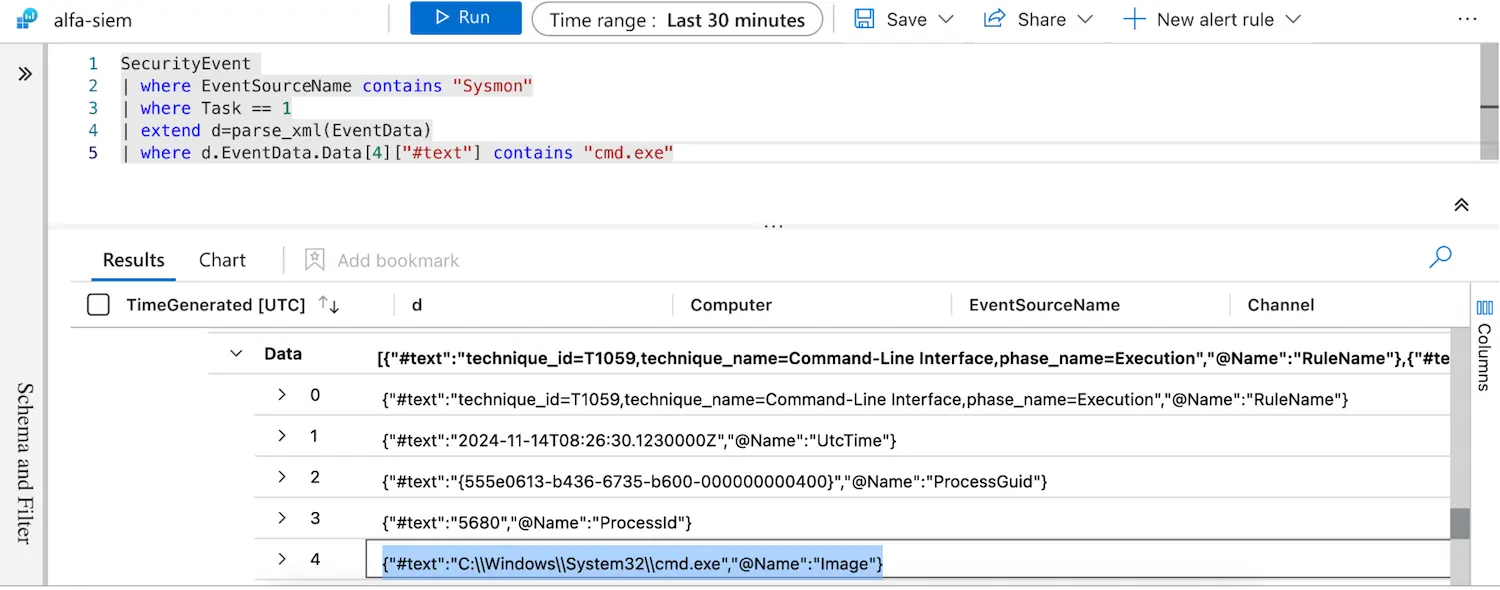 Screenshot of default Sysmon query in Sentinel