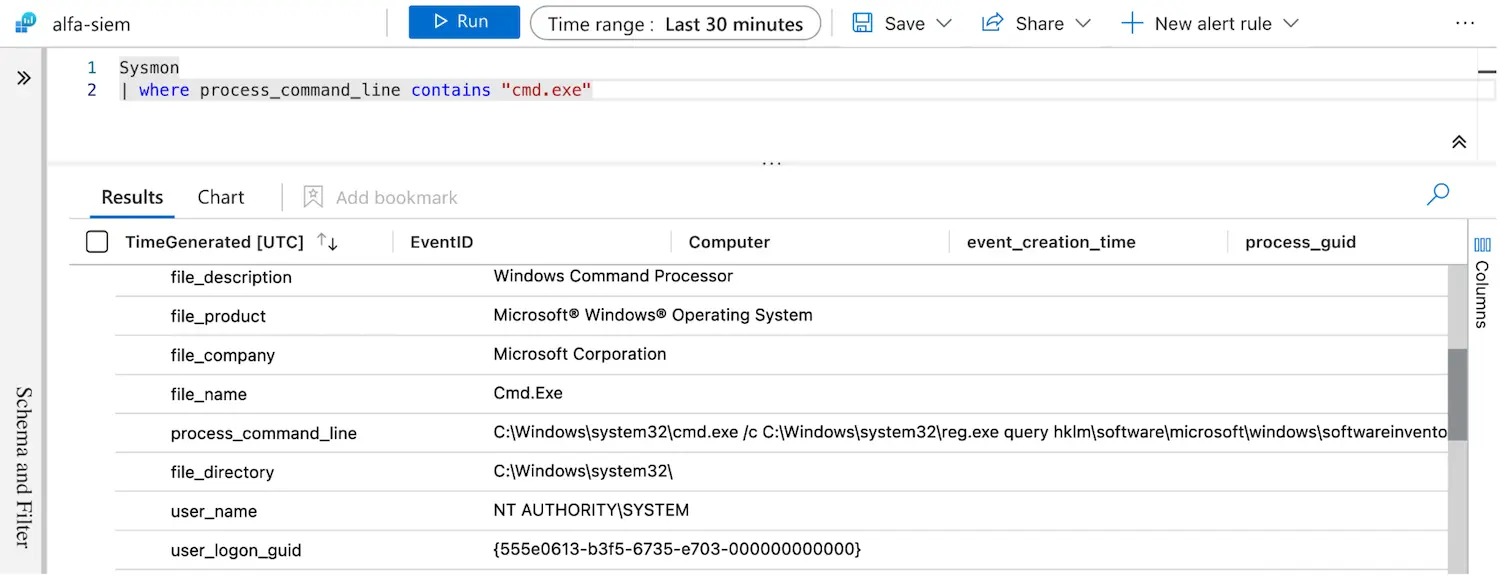 Screenshot of default Sysmon query in Sentinel